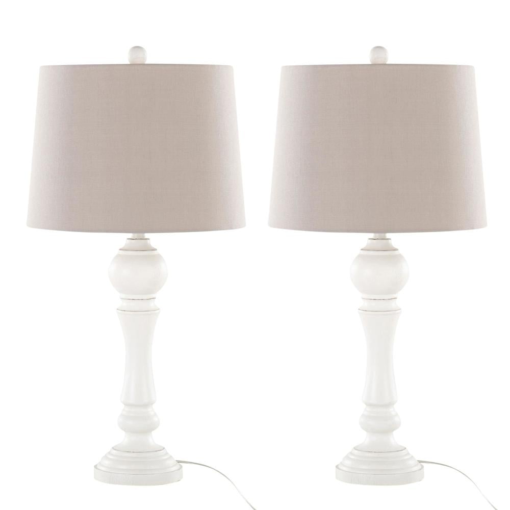 Set of 2 White Polyresin Table Lamps with Gray Linen Shades