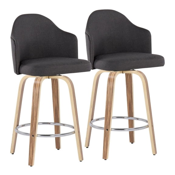LumiSource Zebra Wood, Chrome, Charcoal Fabric Ahoy Counter Stool - Set of 2