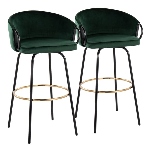 LumiStore Velvet Bar Stools - Set of 2, Contemporary Swivel Bar Chairs with Gold Footrest & Black Metal Frame, Emerald Green