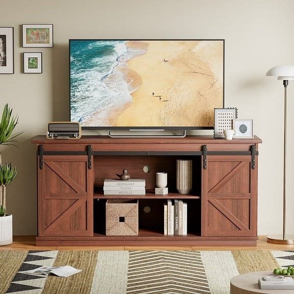 Lumihaven Rustic Modern TV Stand for 65-Inch TVs - Entertainment Center with Storage Cabinet & Sliding Barn Door Design,Brown