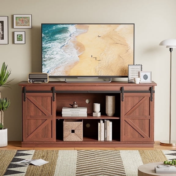 Vineego Rustic Modern TV Stand for 65-Inch TVs - Entertainment Center with Storage Cabinet & Sliding Barn Door Design,Brown