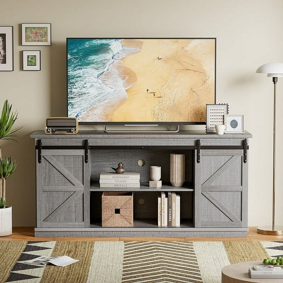 Lumihaven Rustic Modern TV Stand for 65-Inch TVs - Entertainment Center with Storage Cabinet & Sliding Barn Door Design,Gray