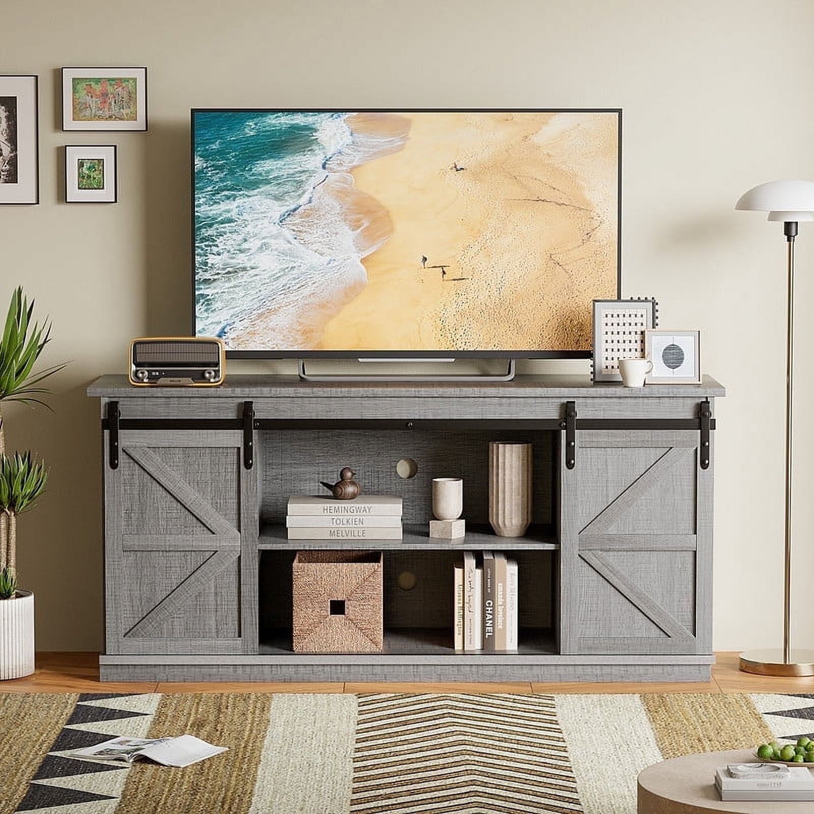 Vineego Rustic Modern TV Stand for 65-Inch TVs - Entertainment Center with Storage Cabinet & Sliding Barn Door Design,Gray