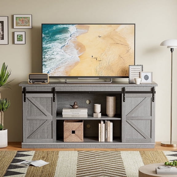 Vineego Rustic Modern TV Stand for 65-Inch TVs - Entertainment Center with Storage Cabinet & Sliding Barn Door Design,Gray