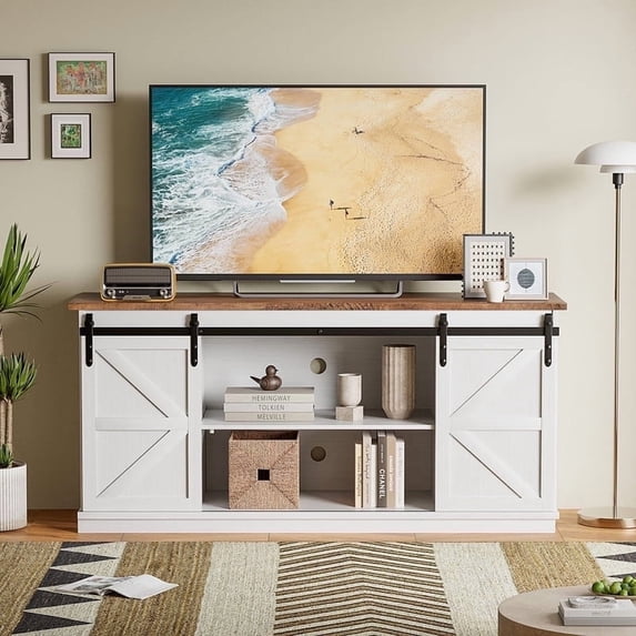 Vineego Rustic Modern TV Stand for 65-Inch TVs - Entertainment Center with Storage Cabinet & Sliding Barn Door Design,White