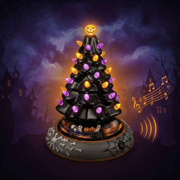 Lumiartisan 10.08" Ceramic Halloween Tree with Rotating Train & Lights Festive Tabletop Decor