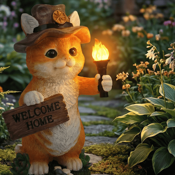 Lumiartisan 10.2" Solar Cat Welcome Statue, Glowing Torch Outdoor Resin Decor