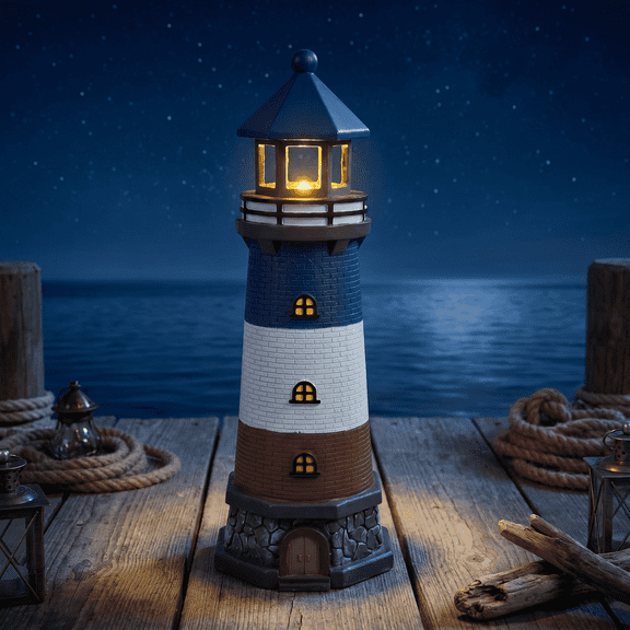 Lumiartisan 12.8" Solar Lighthouse Blue-Red, Coastal Garden Statue Outdoor