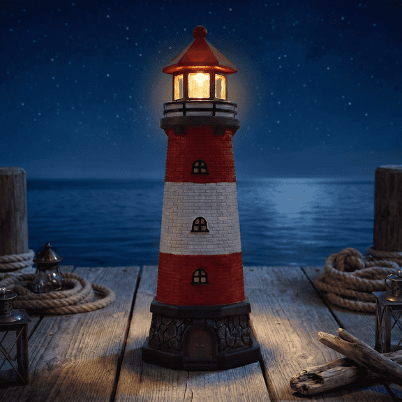 Lumiartisan 12.8" Solar Lighthouse Statue, Red Resin Outdoor Garden Decor with LED Light