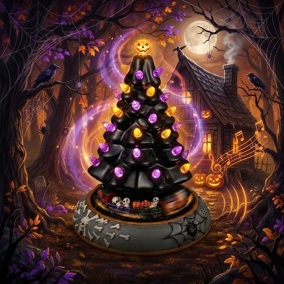 Lumiartisan Halloween Tree Ceramic Tabletop Decor with Lights Rotating Train 10.08 inch