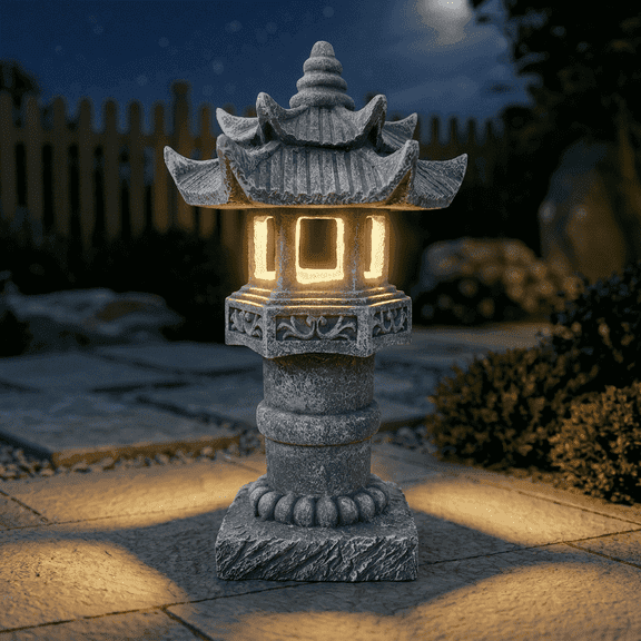 Lumiartisan Garden Pagoda Solar Light 4.8x4.8x12" Gray Japanese Lantern