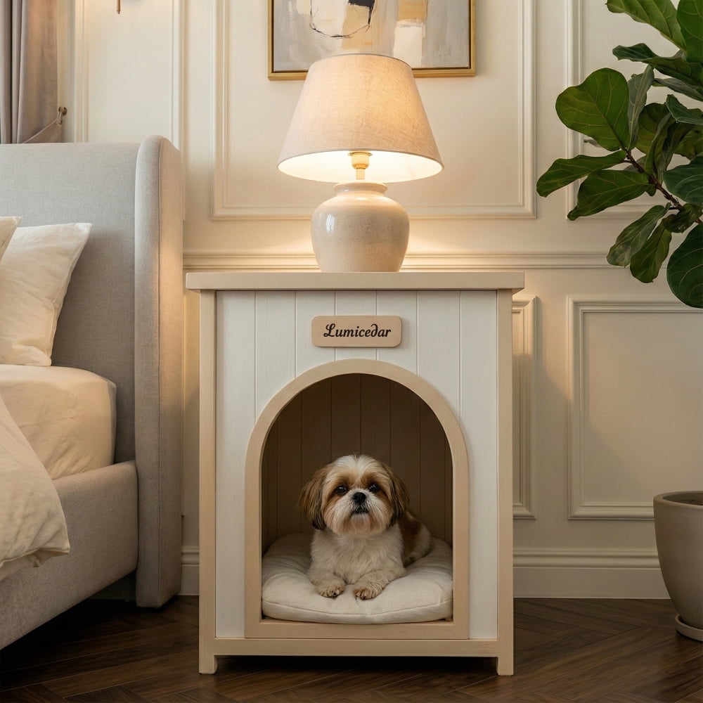 Lumicedar Cream Yellow Pet House, FSC Solid Wood Indoor Shelter for Small Cats & Dogs