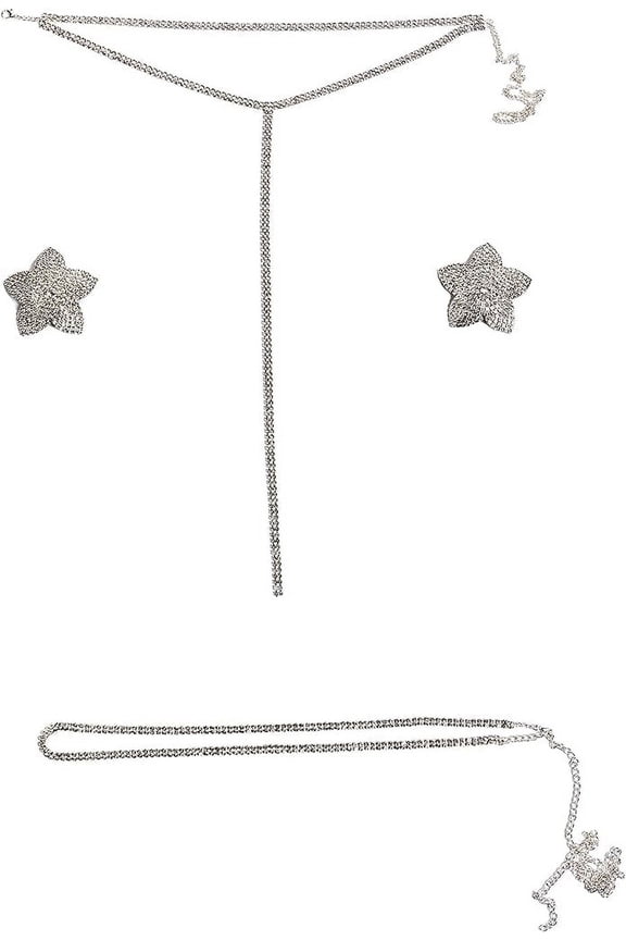 Silver Necklace Chain with Bedazzled Silver Star Shaped Pasties and Silver Belt Waist Chain