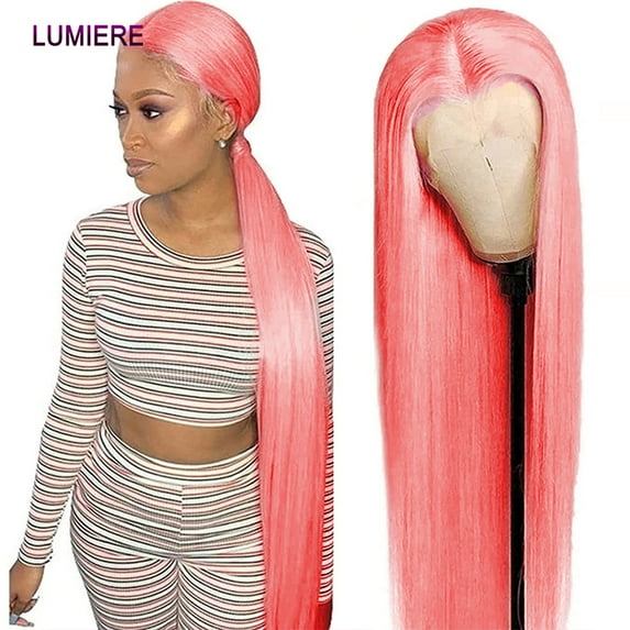 Lumiere Brazilian Bone Straight Lace Front Human Hair Wigs 13×4 Lace Front Wig Cap 150% Light Pink 32"