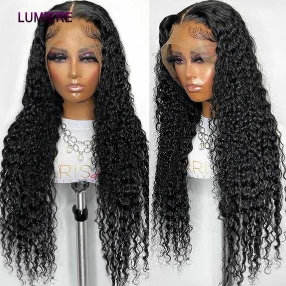 Lumiere Brazilian Water Wave Lace Front Human Hair Wigs 13×4 Lace Front Wig Cap 180% Natural Black 22"