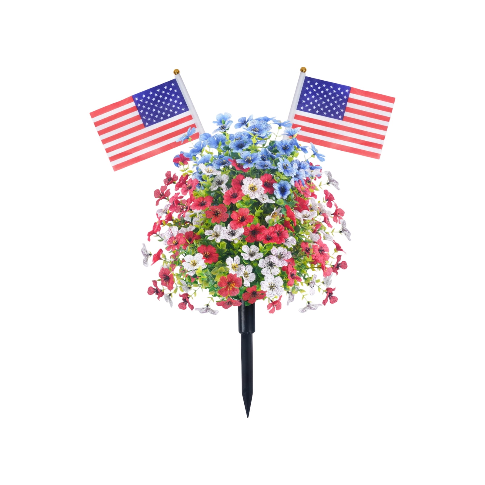 Lumifun 4th of July Patriotic Artificial Flowers with Ground Spikes and Flags 23.6 inches, Red White Blue Fake Violet Garden Stake for Independence Day Memorial Day Garden Outdoor Decor