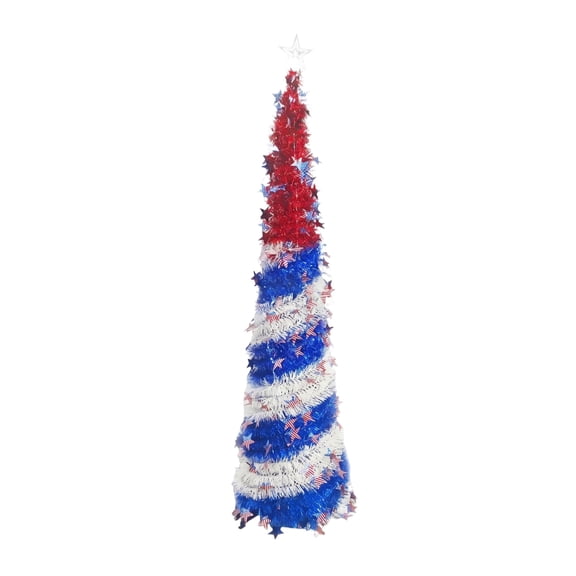 Lumifun 4th of July Patriotic Pop Up Pencil Tree 5 FT, Red White Blue Tinsel Collapsible Artificial Tree with Star Ornaments, for Independence Day Porch Yard Decoration