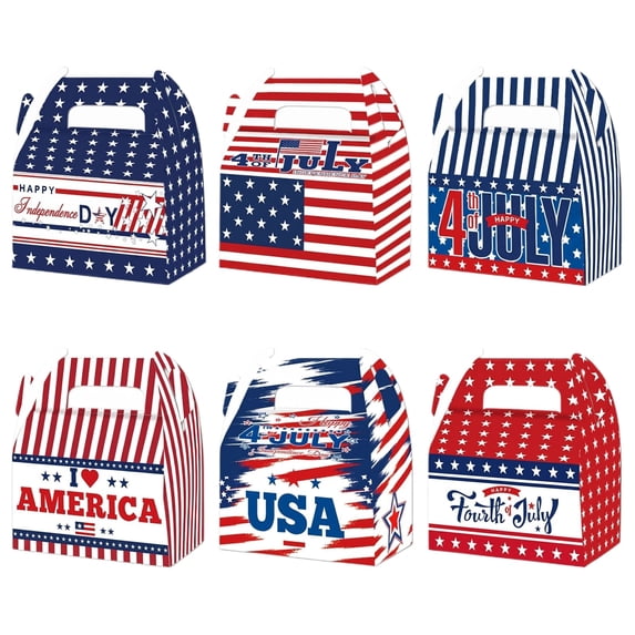 Lumifun 6 PCS Patriotic Treat Boxes 5.3 inches, American Flag Themed Goodie Bags with Handles, Decorative Candy Boxes for 4th of July, Memorial Day Party Candy Favor