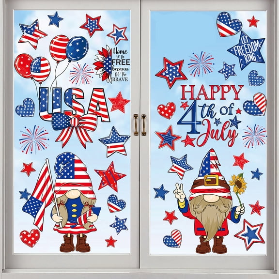 Lumifun 6 Sheets Patriotic Window Clings, Happy 4th of July Window Decal with USA Gnome Star Firework Pattern, Reusable Glass Sticker for Independence Day Memorial Day Home Party Decor