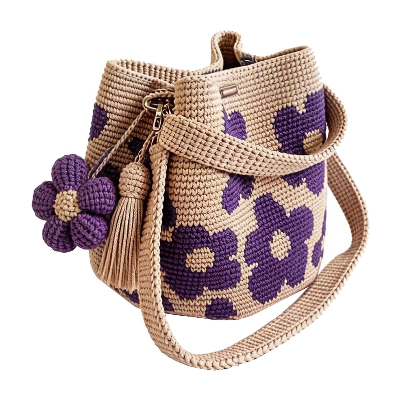 Lumifun Crochet Flower Bucket Bag 7 inches, Handmade Knit Crossbody Tote with Flower Tassel Charm, Boho Floral Woven Beach Bags for Women Shopping, Beach, Travel, Daily Use