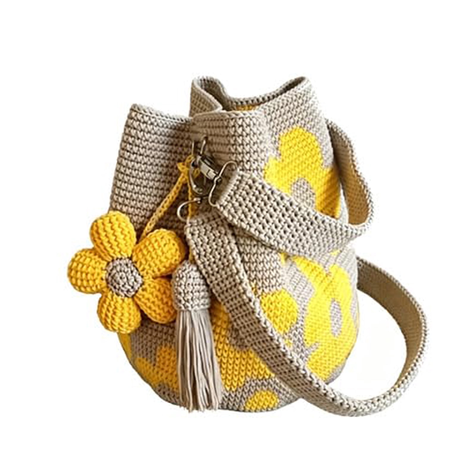 Lumifun Crochet Flower Bucket Bag 7 inches, Handmade Knit Crossbody Tote with Flower Tassel Charm, Boho Floral Woven Beach Bags for Women Shopping, Beach, Travel, Daily Use
