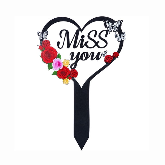 Lumifun Miss You Memorial Grave Markers 13 inches, Heart-Shaped Metal Cemetery Memorial Plaque with Roses & Butterflies, Large Cemetery Decorations for Mom Dad Cemetery Outdoors Yard Garden
