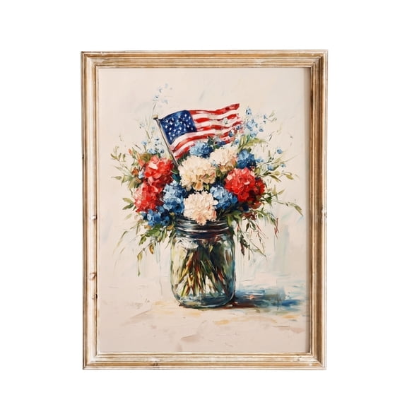 Lumifun Patriotic Floral Wall Art 15.75 × 11.8 inch, 4th of July American Flag Flower Bouquet Painting, Farmhouse Rustic Frameless Print for Living Room, Bedroom, Independence Day Decor
