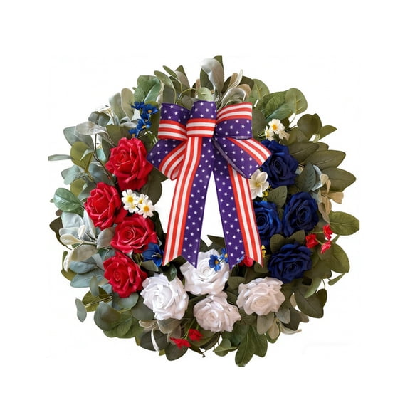 Lumifun Patriotic Rose Wreath 17.7 inches, Red White Blue Floral Door Wreath with American Flag Bow, for 4th of July, Independence Day Spring & Wedding Hanging Decoration