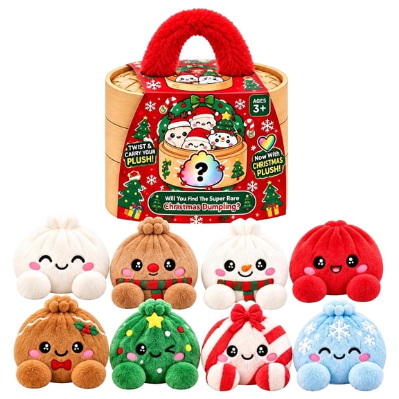 Lumifun Steamed Bun Plush Blind Box 6 inch, Random Single Kawaii Bun Stuffed Plushie, Christmas Holiday Themed Bun with Steamer Gift Box, Surprise Christmas Birthday Gift for Kids