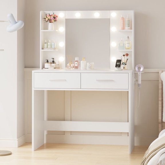 Vineego 1 Piece Vanity Table with Mirror, LED Lights and Power Outlet, Makeup Vanity Desk with 2 Drawers & 4 Shelves for Bedroom, White
