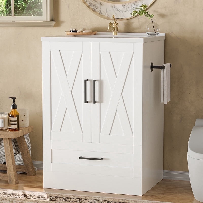 Vineego 24" Bathroom Vanity with Resin Sink, Freestanding Wood Vanity Cabinet with 2 Doors & 1 Drawer, Undermount Sink Storage Cabinet, White