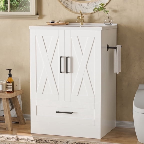 Vineego 24" Bathroom Vanity with Resin Sink, Freestanding Wood Vanity Cabinet with 2 Doors & 1 Drawer, Undermount Sink Storage Cabinet, White