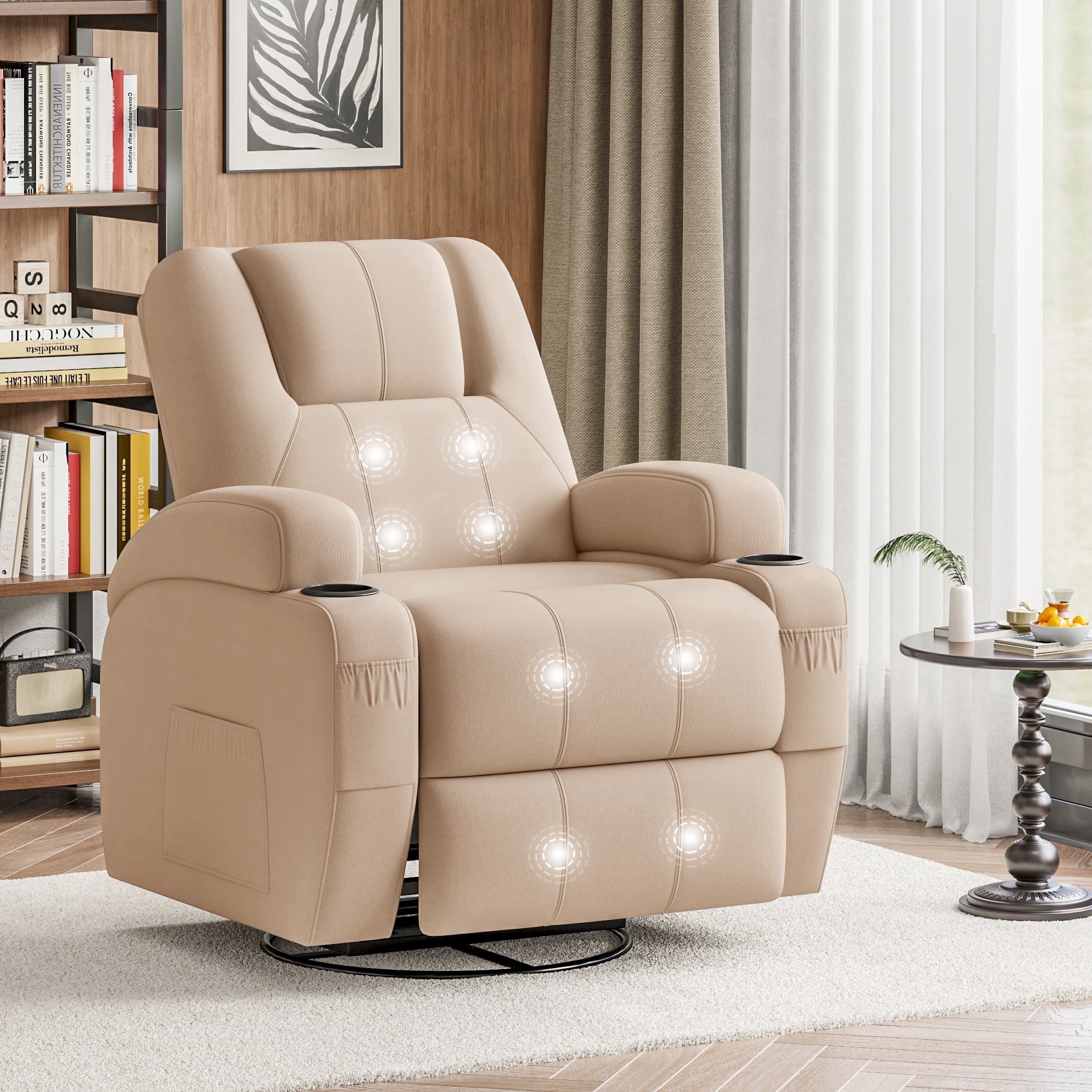 Vineego 360° Swivel Recliner Oversized Massage Rocking Chair Nursery Chair Power Living Room Furniture With Two Cup Holder,Beige
