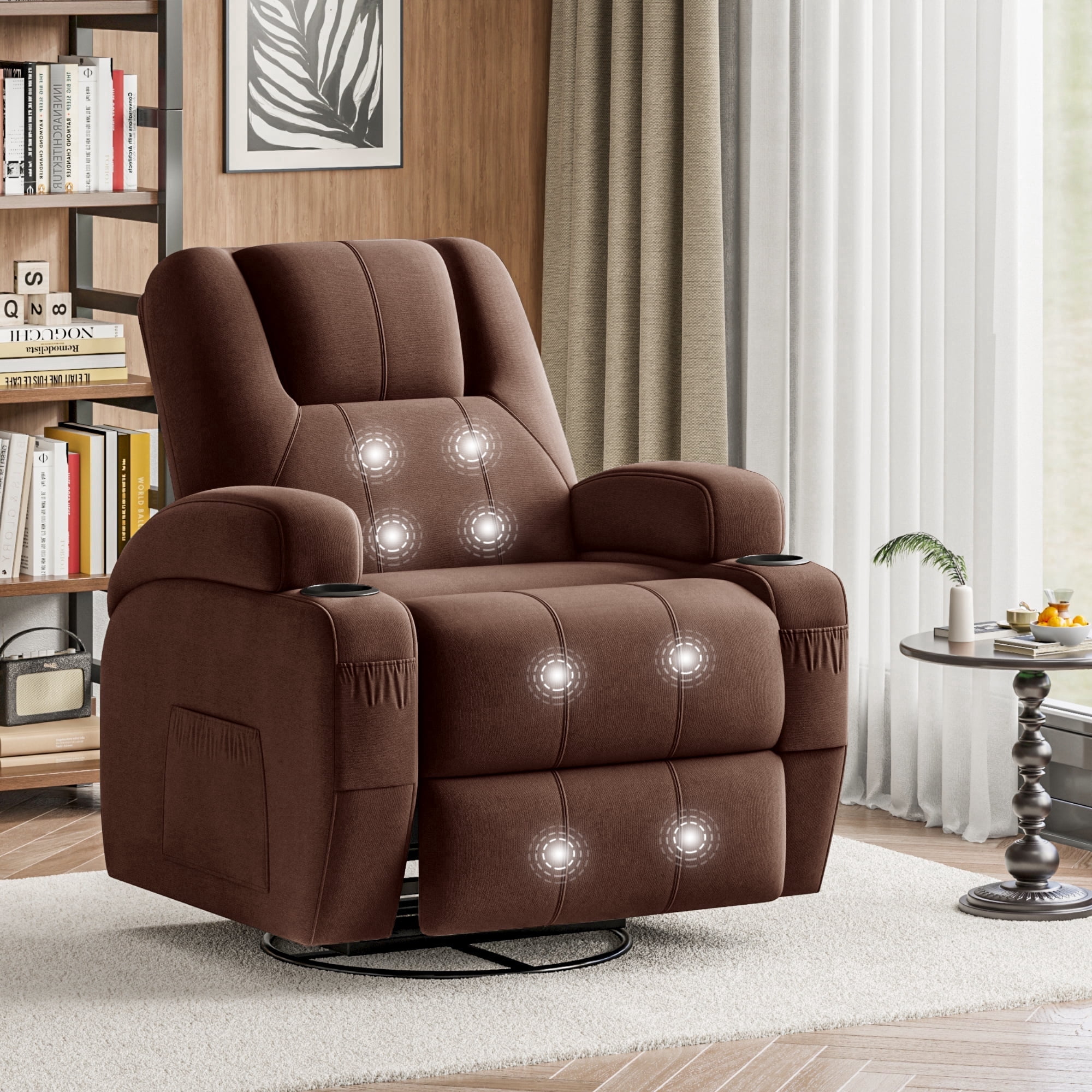 Vineego 360° Swivel Recliner Oversized Massage Rocking Chair Nursery Chair Power Living Room Furniture With Two Cup Holder,Brown