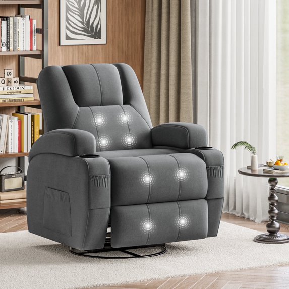 Vineego 360° Swivel Recliner Oversized Massage Rocking Chair Nursery Chair Power Living Room Furniture With Two Cup Holder,Gray