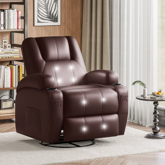 Vineego 360° Swivel Recliner Oversized Massage Rocking Chair Nursery Chair Power Living Room Furniture With Two Cup Holder,PU Brwon