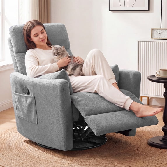 Vineego 360°Swivel Rocker Recliner Chair Armrest-Style Massage Recliner with Comfy High Back for Living Room,Loop Yarn Gray