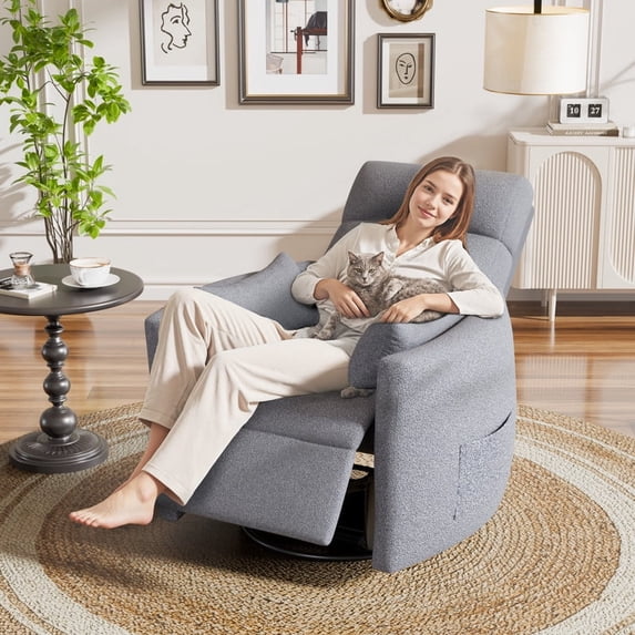 Vineego 360°Swivel Rocker Recliner Chair Armrest-Style Massage Recliner with Comfy High Back for Living Room,Loop Yarn Gray