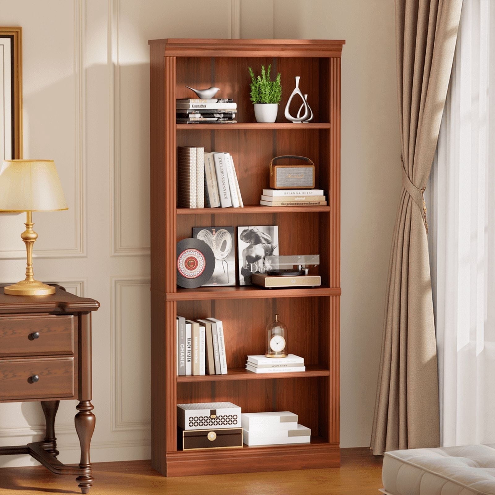 Vineego 5-Shelf Corner Bookcase - Sturdy Red Storage for Home Office, Living Room