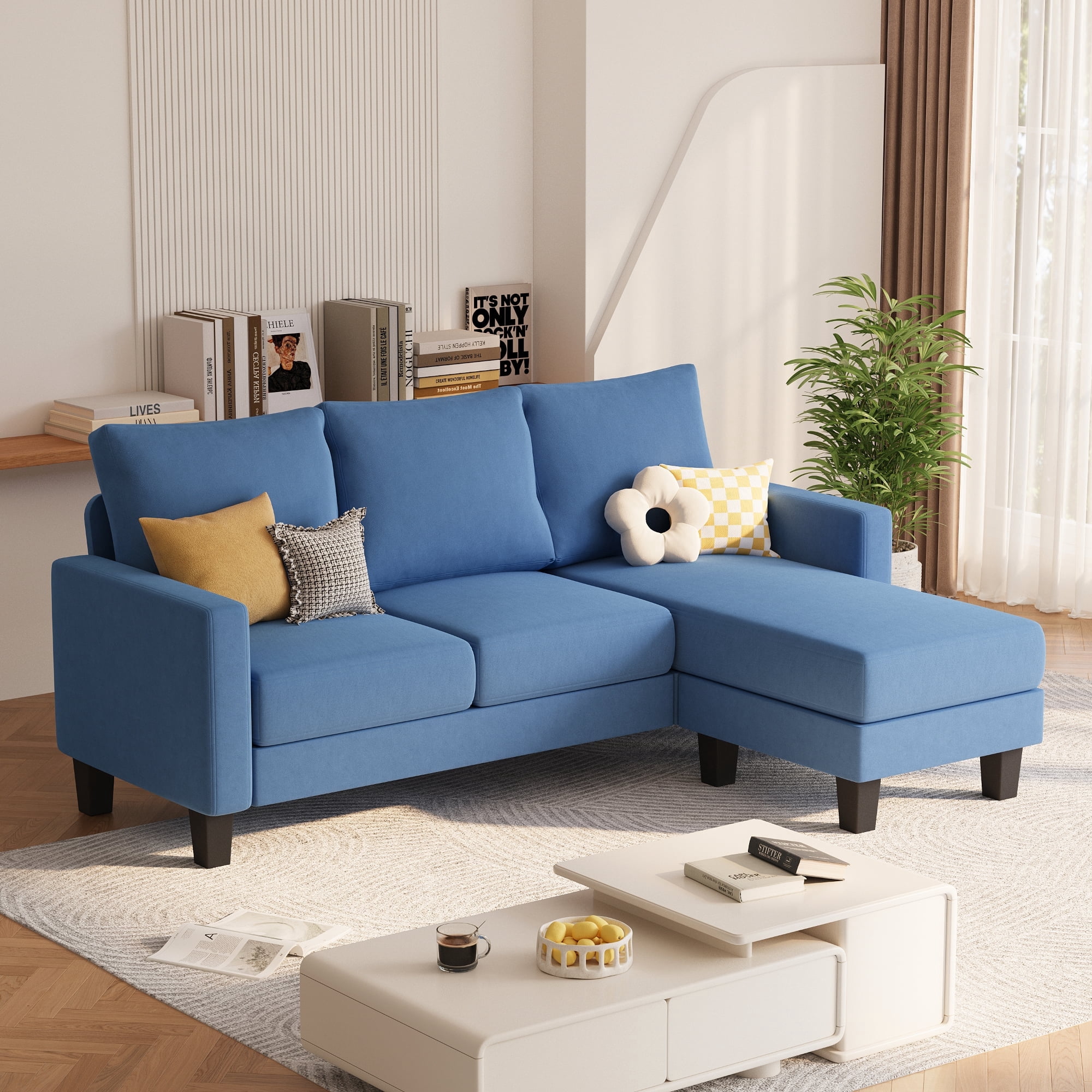 Vineego 70.8" L-Shaped Sectional Sofa with Ottoman Ergonomic Support Sofa Couch for Small Spaces Living Room, Apartment,Blue