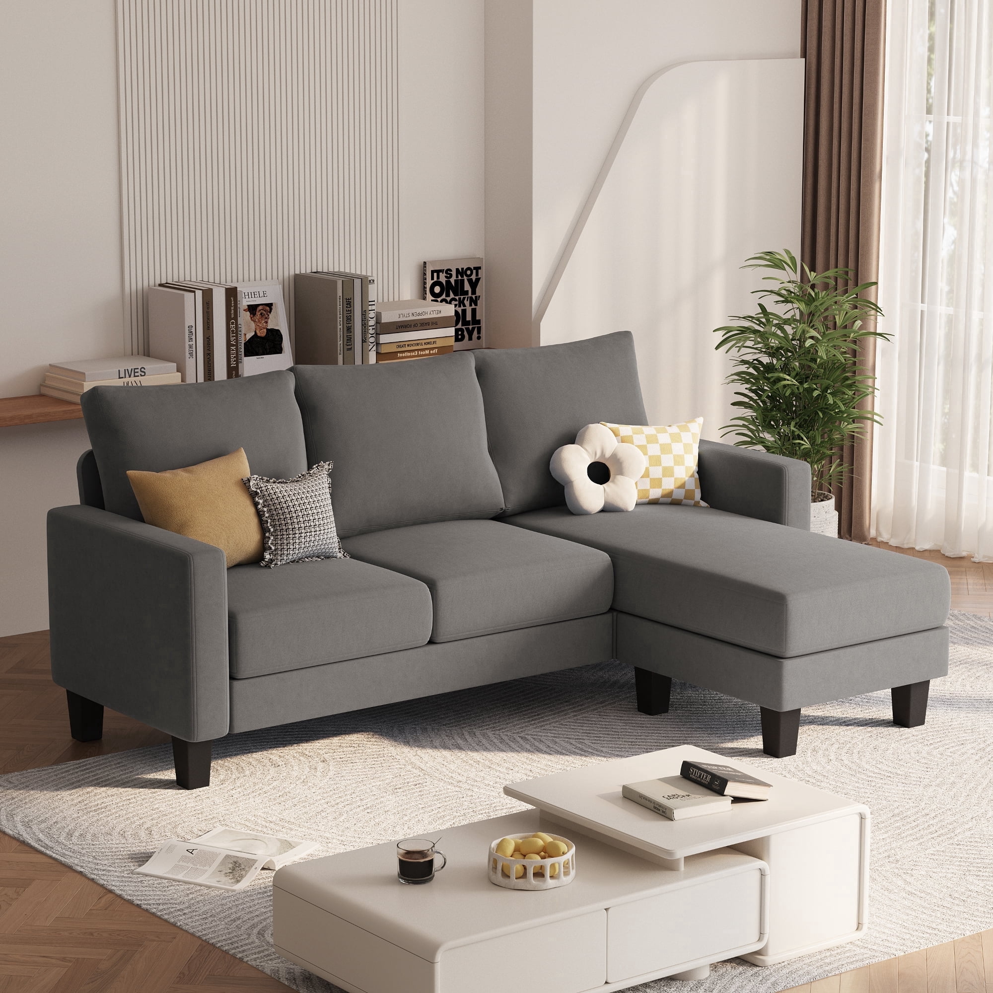 Vineego 72" L-Shaped Sectional Sofa with Ottoman Ergonomic Support Sofa Couch for Small Spaces Living Room, Apartment,Gray