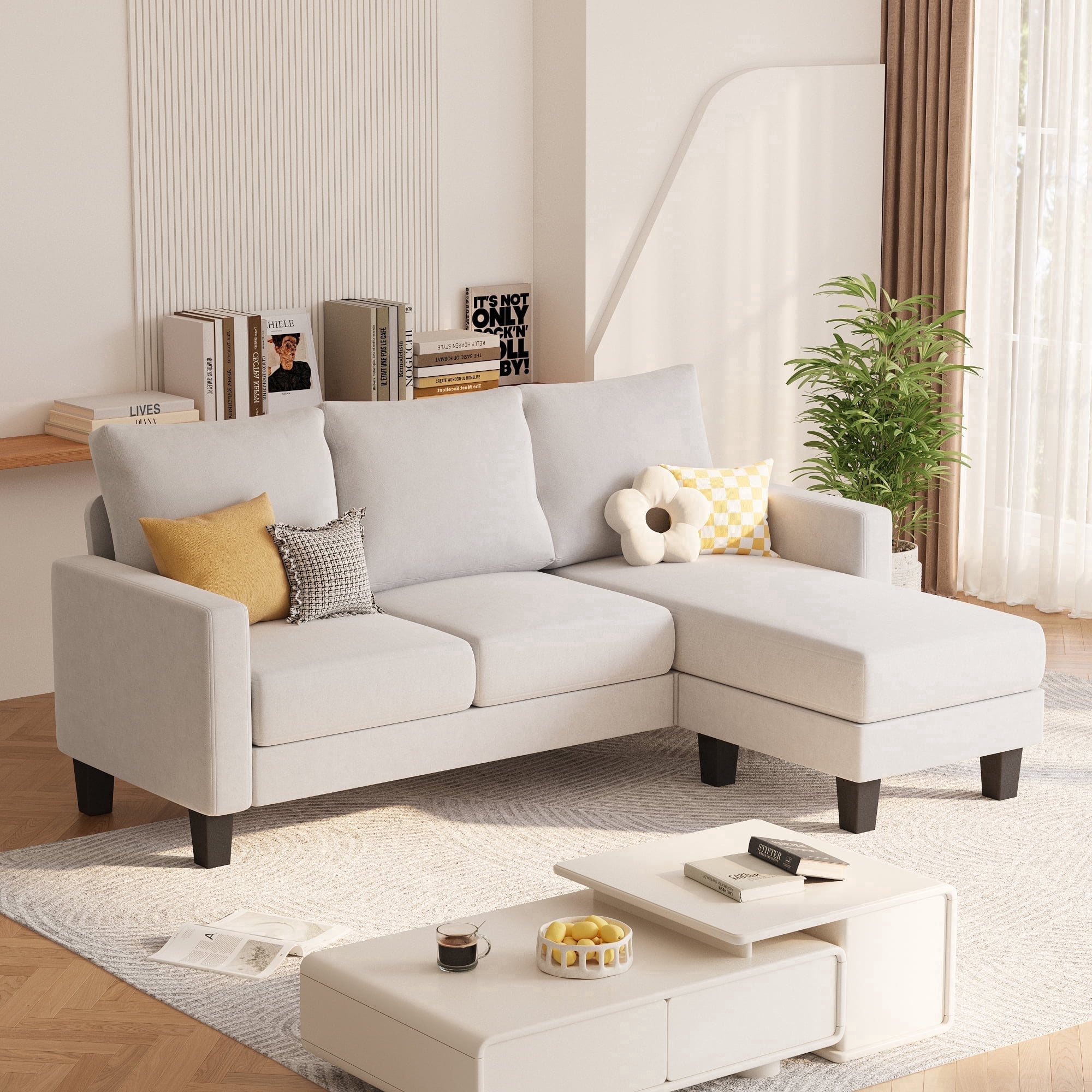 Vineego 72" L-Shaped Sectional Sofa with Ottoman Ergonomic Support Sofa Couch for Small Spaces Living Room, Apartment,White