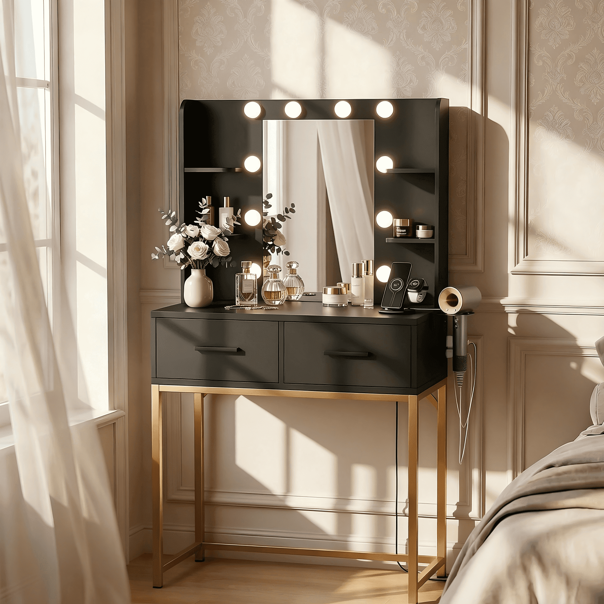 Treevan Black & Gold Makeup Vanity Desk with Hollywood LED Mirror, Charging Station, 3 Color Dimmable Lights for Bedroom