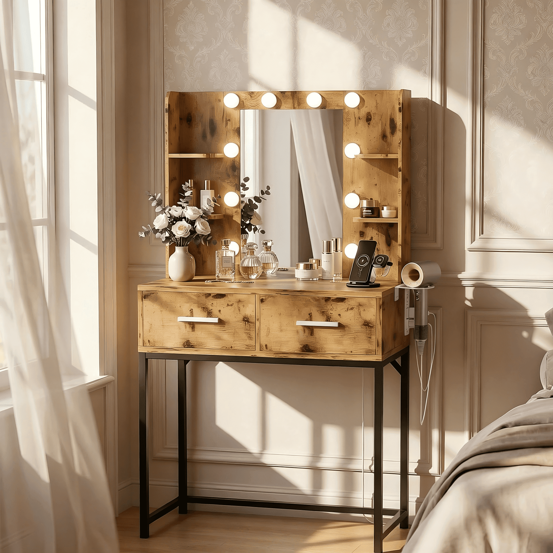 Treevan Brown & Black Makeup Vanity Desk with Hollywood LED Mirror, Charging Station, 3 Color Dimmable Lights for Bedroom