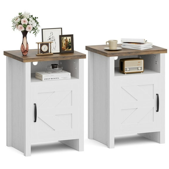 Lumihaven Farmhouse Nightstands Set of 2, Wood End Tables with Storage Shelves, Beside Tables for Bedroom Living Room, White