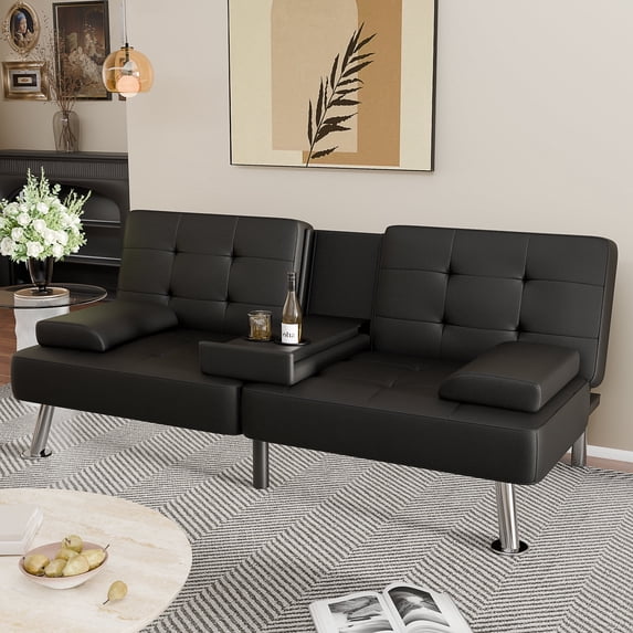 Vineego Futon Sofa Bed Folding Leather Modern Couch with 2 Cup Holders,Removable Armrests,Black