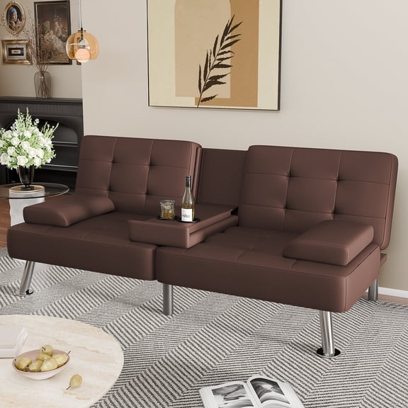 Vineego Futon Sofa Bed Folding Leather Modern Couch with 2 Cup Holders,Removable Armrests,Brown