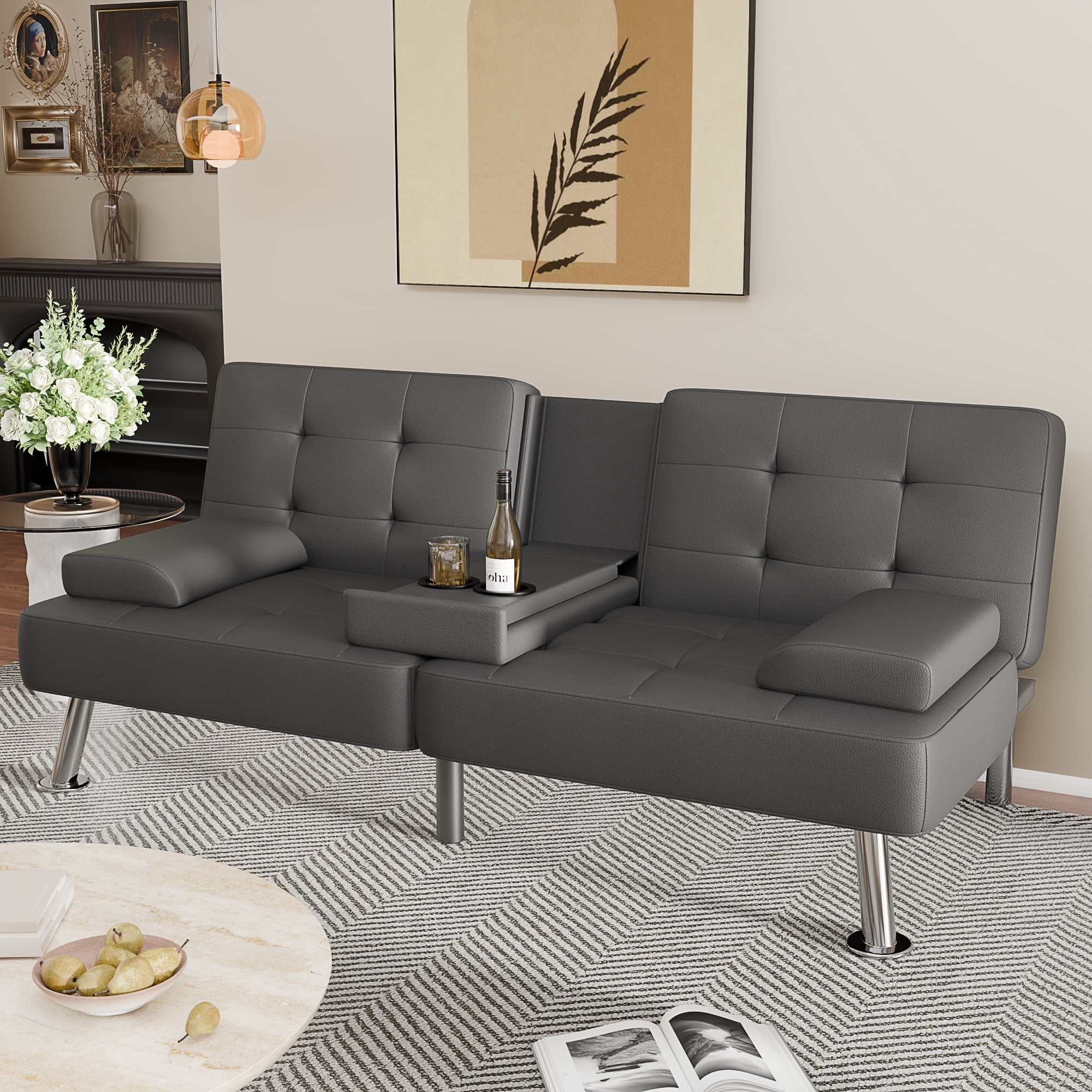 Vineego  Futon Sofa Bed Folding Leather Modern Couch with 2 Cup Holders,Removable Armrests,Gray