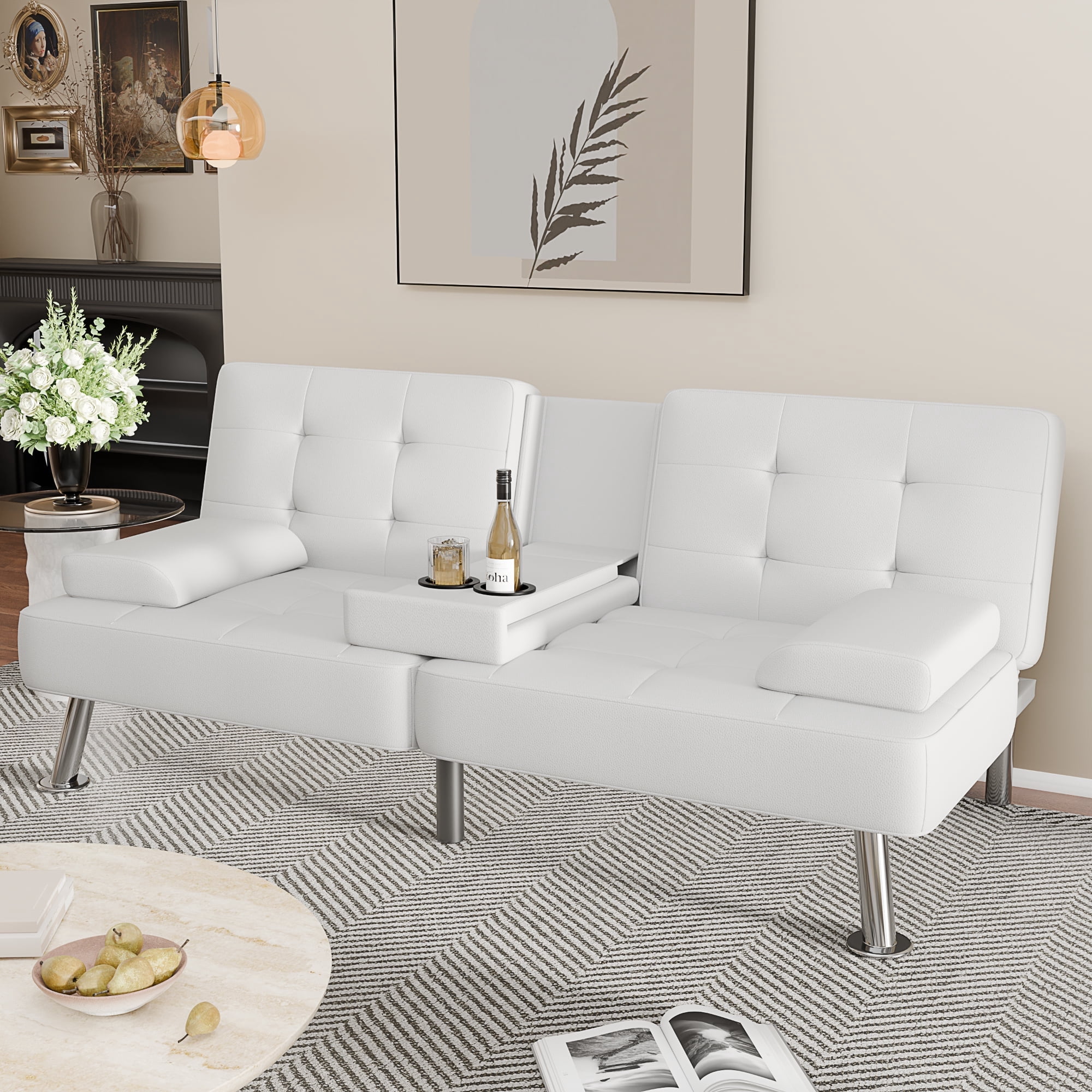 Vineego Futon Sofa Bed Folding Leather Modern Couch with 2 Cup Holders,Removable Armrests,White