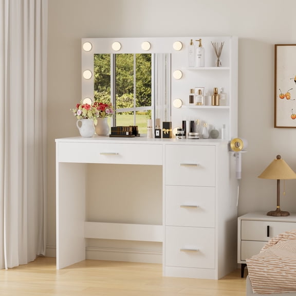 Vineego Makeup Vanity Desk with LED Lighted Mirror - Modern Dressing Table with 4 Drawers & 3 Shelves, Adjustable Brightness, Space-Saving Design for Small Bedroom/Bathroom,White